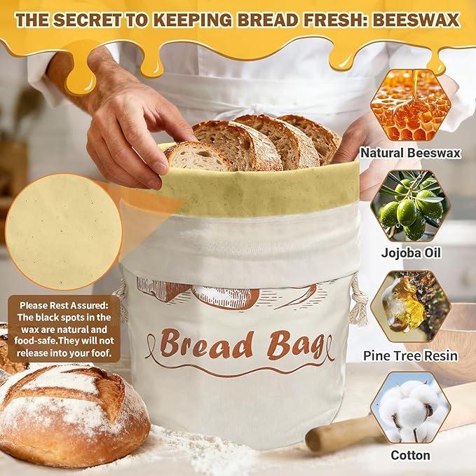 Large Cotton Beeswax Bread Bags for Sourdough with Drawstring Closure (1 Pack) Reusable Bread Storage Bags Keep Loaves Fresh, Freezer-Safe, baking container for gifting (Cylinder Design)