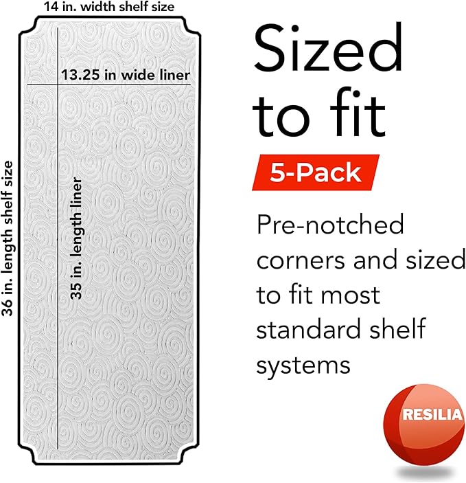 RESILIA Shelf Liner Set for Wire Shelving Units – 5 Pack, 14 Inches x 36 Inches, Clear Swirl Spiral Pattern, Anti-Slip, Heavy Duty, Made in The USA, for Kitchen, Bathroom, Garage Storage, Made in USA