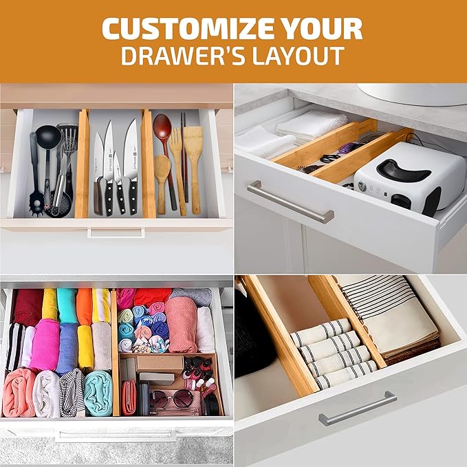 4 Pack Drawer Divider - Bamboo 2.6" High, 12.5-17" Adjustable Drawer Organizers for Clothes, Expandable Dresser Separators in Bedroom, Bathroom, Kitchen, Office Organization and Storage