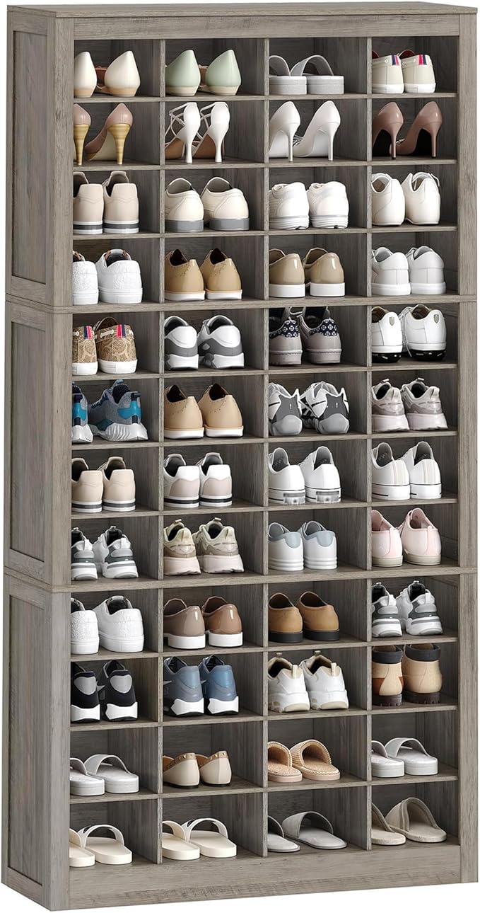 Shoe Storage Cabinet, 48 Pairs Free Standing Closet Organizer, 9 inch Widened Cell Wood Shoe Organizer, 12 Tiers Vertical Space Saving Shoe Rack for Entryway, Cloakroom, Greige SR39605X