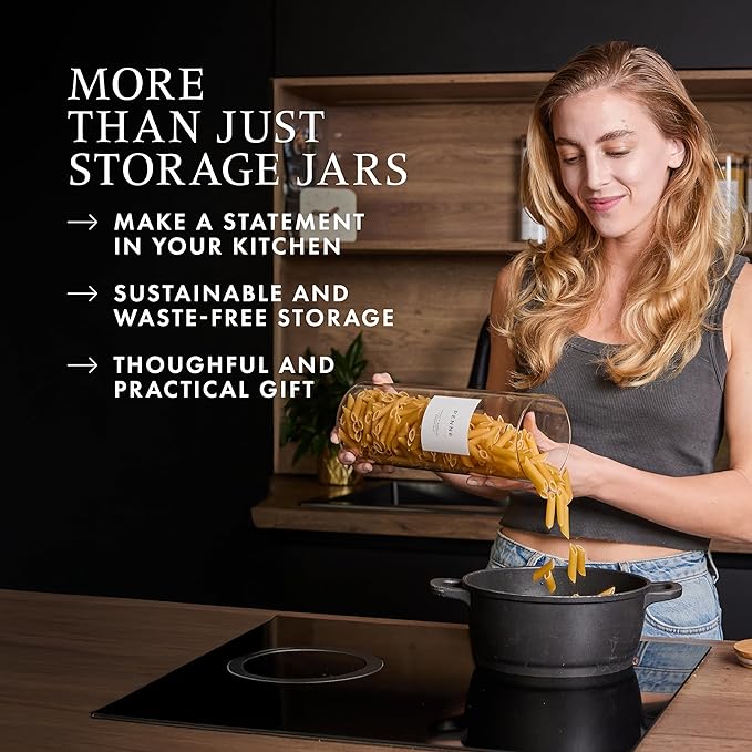Set of 3 Glass Pantry Storage Containers with Lids- 12 Pantry Labels– (70oz) Glass Canisters with bamboo lids-Perfect Rice, Cereal, Flour, Pasta, Oats, food storage -Airtight-kitchen canisters