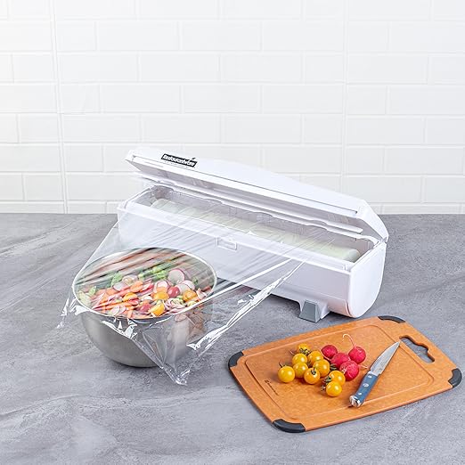 Restaurantware-Chef 101 Food Wrap Dispenser with Cutter, 1 Refillable Cling Wrap Dispenser - Fits 12â€ to 18â€ x 2000â€™ Rolls, Press Down and Cut, White Plastic Aluminum Foil, Sharp Blade