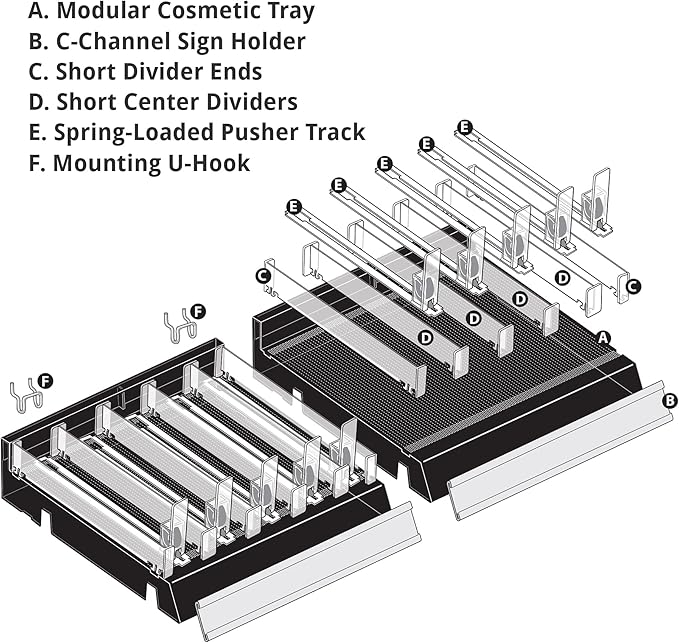 Azar Displays 225830-SHORT-BLK Adjustable Short Divider Bin Cosmetic Tray with Pushers - Customize Slot Size to Product, Black 2-Pack