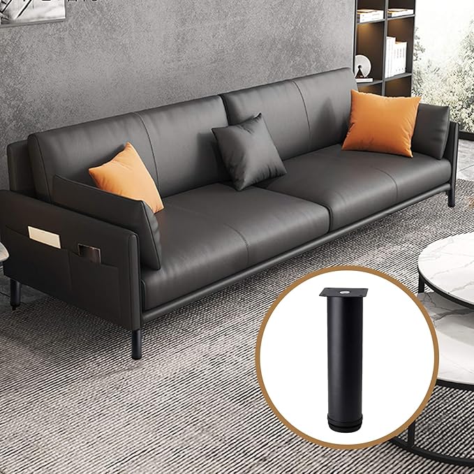 Set of 4 Stainless Steel Furniture Legs 8 Inch, Adjustable Round Cabinet Legs 2" Dia Kitchen Feet, Metal Replacement Legs for Cabinet Sofa Couch Shelves Table (Black)