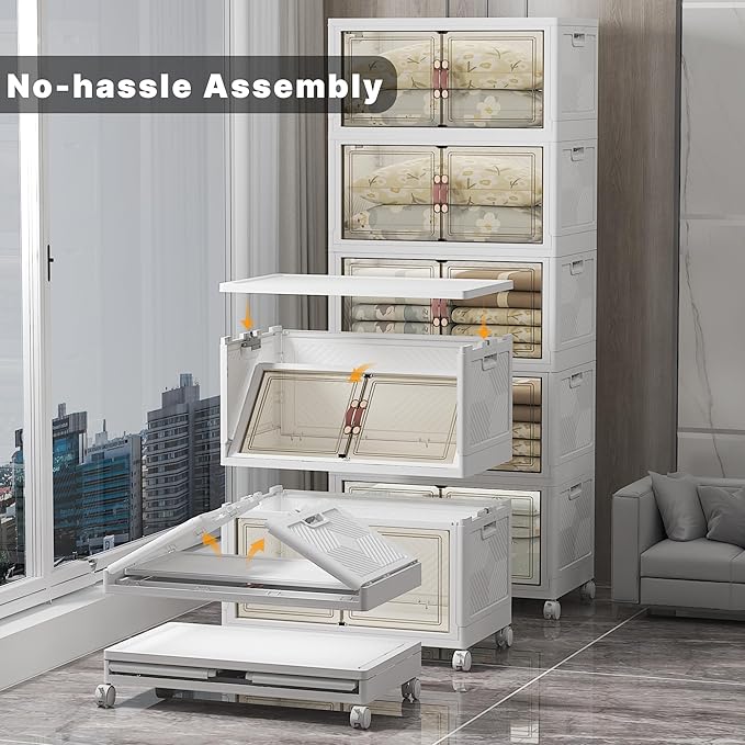 Stackable Storage Bins with Lids & Wheels & Door, Foldable Collapsible Closet Organizers, Extra Large Plastic Storage Drawers for Bedroom Dorm Office Garage (White-160QT, 5Pack with 1 top lid)