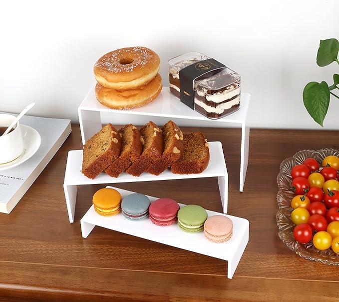 ELEGANTLIFE Acrylic Display Risers Set of 4, 4-Level Tiered Display Stands for Cupcakes, Small Figures & Jewelry, Compact Countertop Display Shelf, Multiple Colors Available (White)