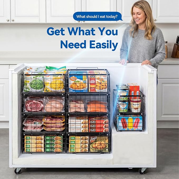 Reinforced Freezer Organizer Bins, 2 Pack Large Stackable Upright Chest Deep Freezer Storage Containers, Black Wire Foldable Baskets with Handles, More Space, Easy Access (V-2 Packs-2)