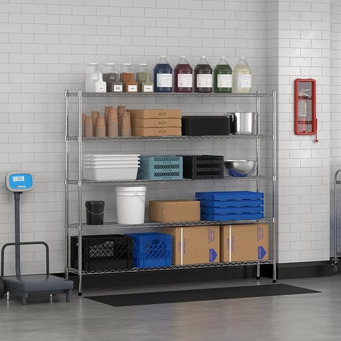 Commercial NSF Listed Chrome Stationary Wire Shelving Kit 12" x 72" x 64", with 5 Shelves Perfect for Warehouse, Walk-in Refrigerator, Freezer, Grocery Store, Restaurant, Dishroom