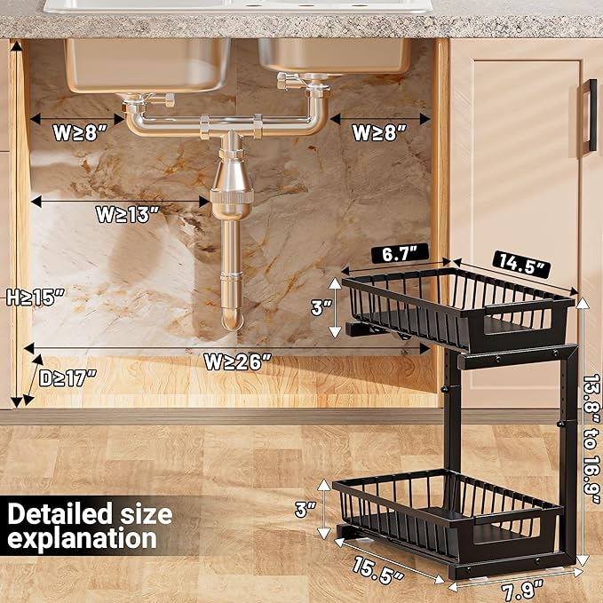 TOFWOF Under Sink Organizer 2 Pack, 2 Tier Adjustable Height Reinforced Carbon Steel Under Kitchen Bathroom Sink Storage Organizer, Smooth Pull-out Under Sink Cabinet Rack Drawer Organizer, Black
