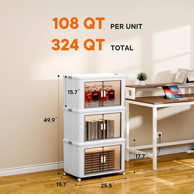 3 Tier 324 Qt Plastic Storage Bins and Boxes Organizer - Stackable Storage Bins with Lids for Bedroom, Bathroom, Laundry Room, Living Room, Office, Camping - Foldable Containers