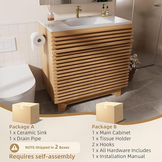 VNN 32 Inch Bathroom Vanity with Ceramic Sink - Freestanding Modern Bathroom Storage Vanity Cabinet with Fluted Design, Soft-Close Doors, Shelves, Toilet Paper Holder & Towel Hooks, Natural Oak