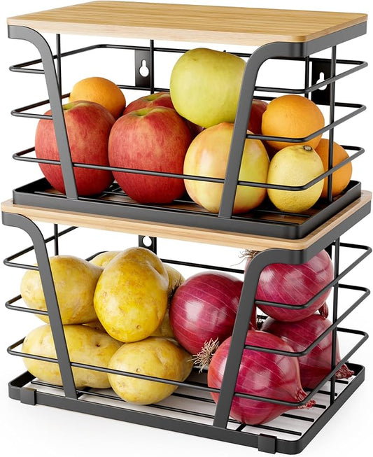 2 Pack Extra Large Pantry Storage Organizers, Pantry Baskets organization, Potato and Onion Storage Bin, Wall Mount Trash Bag Storage for 13-33 Gallon Bags with Bamboo Top, Black