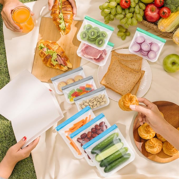 SZTCECDM 18 Pack Reusable Zip Lock Bags Silicone, 3 Sizes Leak Proof Freezer Bags, Food Storage Bags Keep for Fresh Fruits Veggie - 6 Gallon 6 Sandwich 6 Snack (Grey)