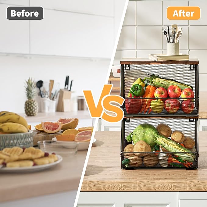 Stackable Fruit Basket for Kitchen Countertop Space Saving, Wall Mounted Mesh Metal Wire Basket with Wood Lid Extra Storage, 2 Pack Kitchen Counter Organizer for Snack, Onion and Potato Storage, Black