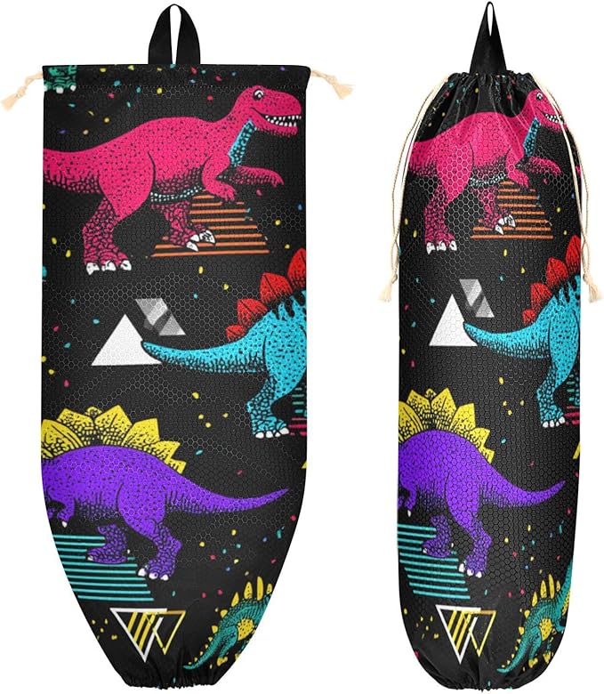 Plastic Bag Holder Wall Mount Grocery Bag Shopping Bag Storage Holder Organizer Dispenser with Adhesive Hook,for Kitchen Bathroom Home Decor 9x22 Inches Retro Memphis Geometry Dinosaurs22