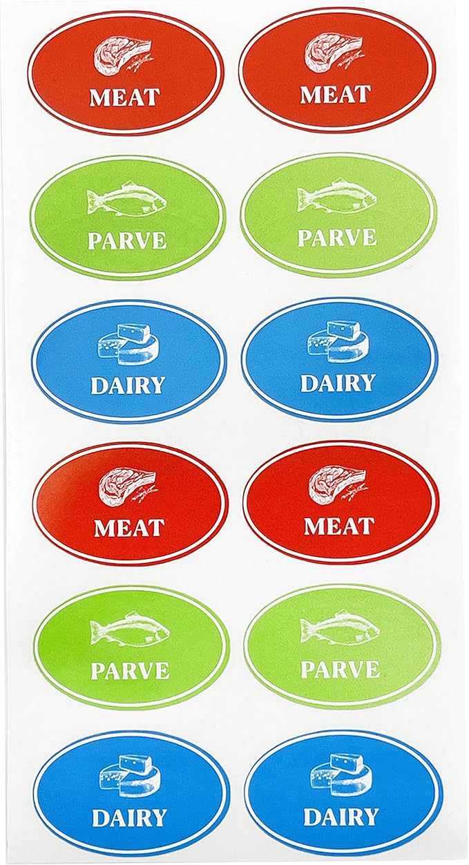 Assorted Kosher Labels, (24 Pack) 8 Blue Dairy, 8 Red Meat, 8 Green Stickers, Oven Proof up to 500°, Freezable, Microwavable, Dishwasher, English, Coded Kosher Kitchen Tools (24-Pack)