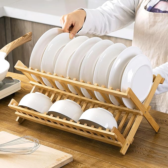 Bamboo Dish Drying Rack, Collapsible 2-Tier Dish Drainer Kitchen Plate Rack for Kitchen Countertop Foldable