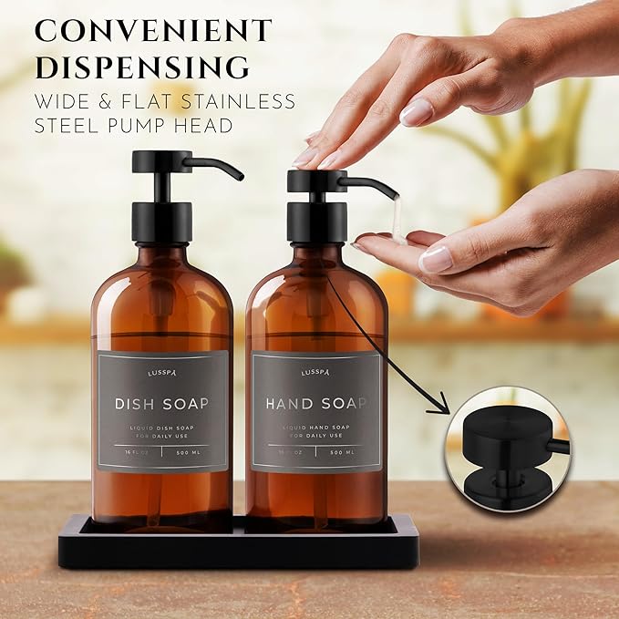 Lotion, Hand & Dish Soap Dispenser for Kitchen & Bathroom | Soap Dispenser Set of 2 16.8 Oz Glass Bottles with Stainless Steel Pump, 15 Water Proof Labels & Silicon Tray (Amber/Black)