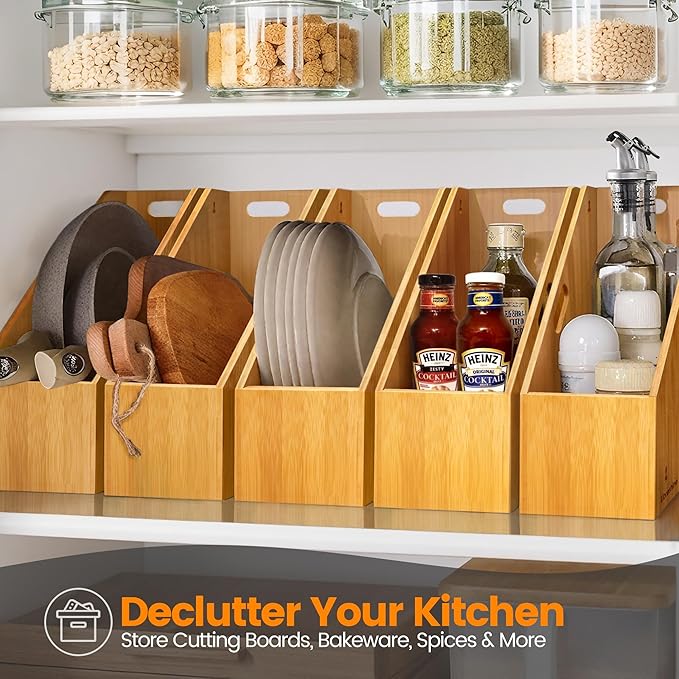 Slim Bamboo Cutting Board Holder & Baking Sheet Organizer, Open-Front Pan & Lid Rack with Handles, Countertop or No-Drill Wall Mount, Kitchen Cabinet & Pantry Organizer