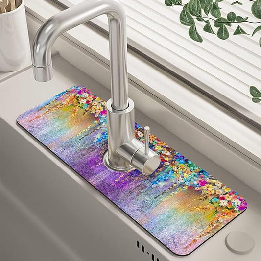 Abstract Watercolor Flowers Dish Drying Mat for Kitchen Sink Splash Guard Behind Faucet Sink Mat Absorbent Fast Drying Faucet Draining Mat for Bathroom Kitchen 5.5"×15"