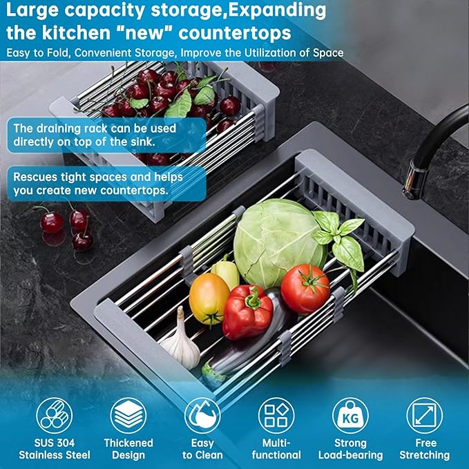 Small Over The Sink Dish Drying Rack - Stainless Steel Expandable Telescopic Drain Basket, Adjustable Kitchen Sink Organizer for Dishes Fruits Vegetables (Grey)