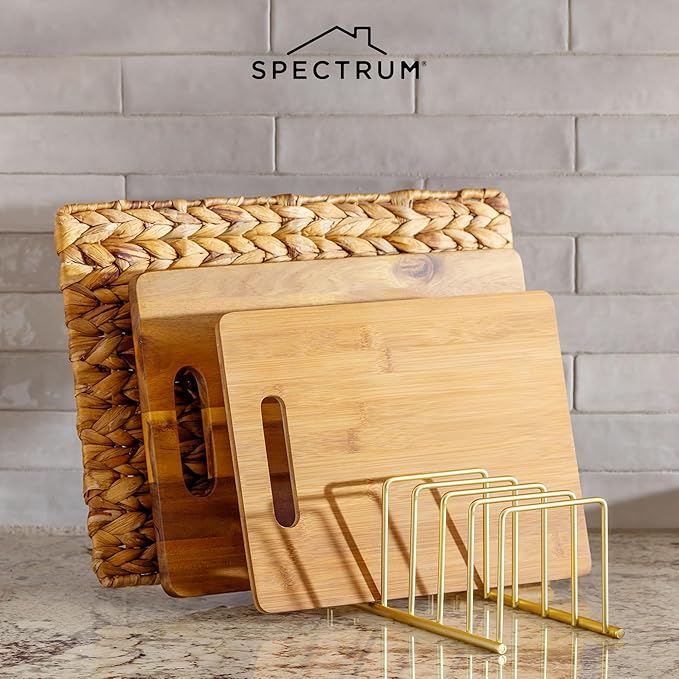 Spectrum Euro Cutting Board Holder Stand for Countertop or Inside Kitchen Cabinet Organization Gold, 8 Slot Cutting Board Drying Rack or Cabinet Plate Bakeware Storage Organizer (Pack of 6)