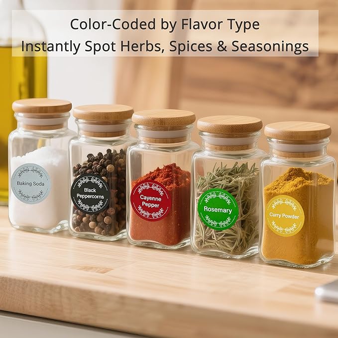 672 Color-Coded Spice Labels with A–Z Index – Waterproof & Oil-Resistant Preprinted Round Stickers for Kitchen Jars – 1.2" Pantry Labels for Spices, Seasonings, and Herbs – Modern Color Style