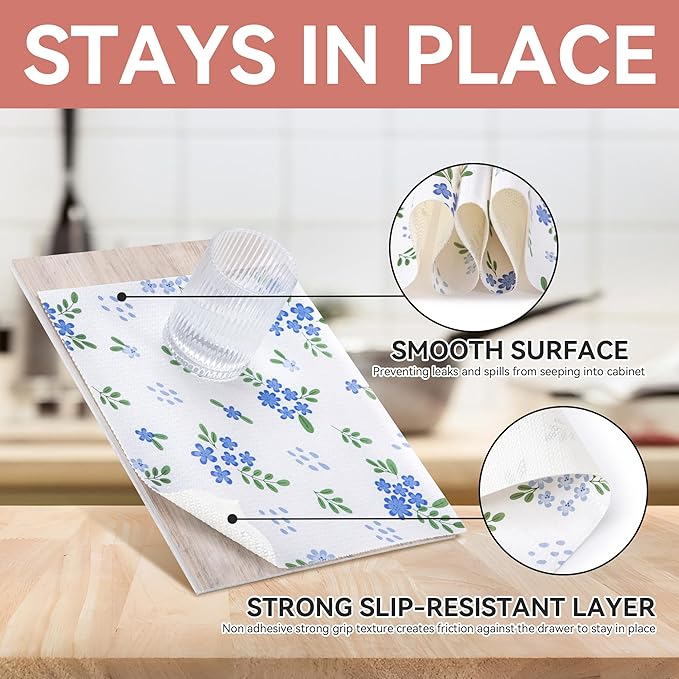 RAY STAR Shelf Liner, 12 Inch x 10 Feet Non Adhesive Blue Floral Kitchen Cabinet Liner for Pantry Drawer Vanity, Strong Grip Non Slip Waterproof, Shelf Liners for Kitchen Cabinets Cupboard
