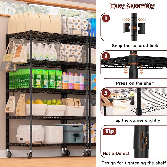 PrimeZone Wire Shelving Unit with Wheels, 5 Tier Adjustable NSF Certified Heavy Duty Metal Storage Shelves, Pantry Organizer Rack Rolling Kitchen Shelf for Closet, 24" W x 18" D x 75" H, Black, 4 PCS