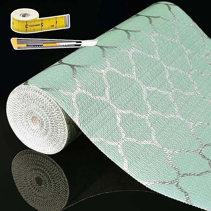 Shelf Liners for Kitchen Cabinets Non Adhesive Drawer Liner 17.5in x 30FT Light Green Quatrefoil Thickened Shelf Liner Strong Non-Slip Easy to Clean Tool Box Refrigerator with Knife and Tape Measure