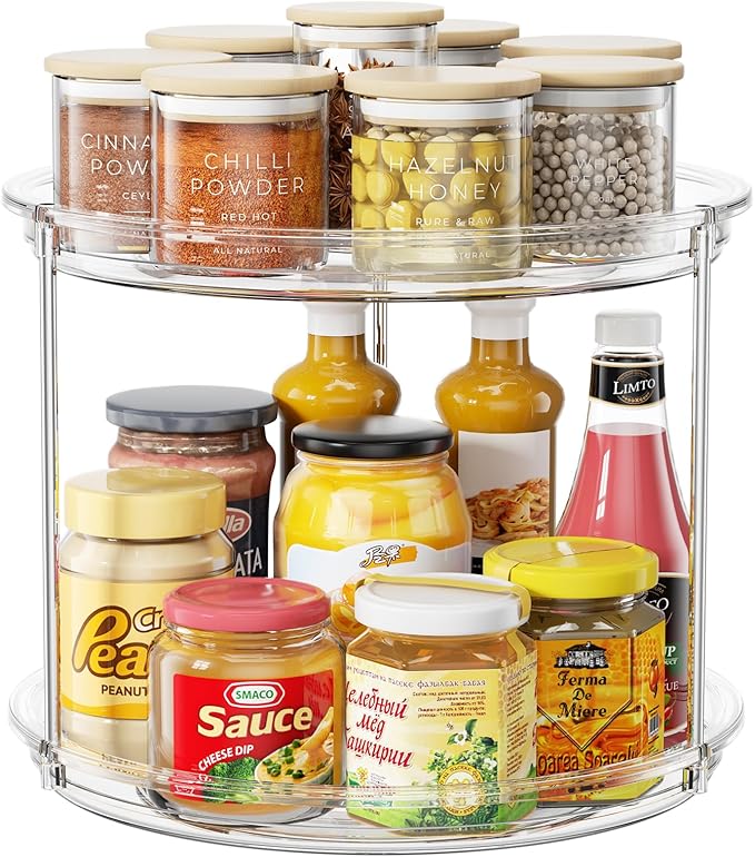 2 Tier Lazy Susan Organizer, 9.25'' Lazy Susan Turntable for Cabinet, Stackable Turntable Organizer Rotating Spice Rack Organization for Kitchen Countertop, Pantry, Bathroom, Clear