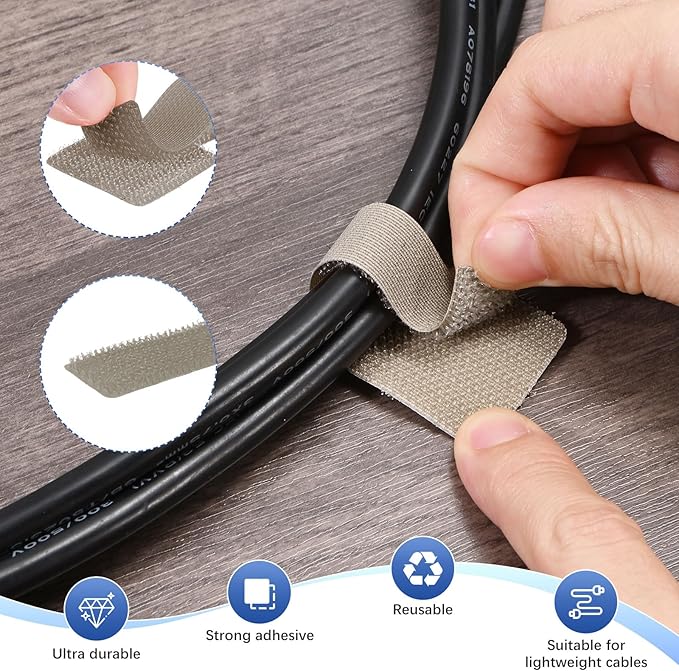 M METERXITY 100-Pack Hook and Loop Cable Ties, 3.5 x 1.1 Inch Adjustable Self-Adhesive Cord Organizer for Desk/Home/Wall/Office Essentials, Cable Management Under Desk [Beige]