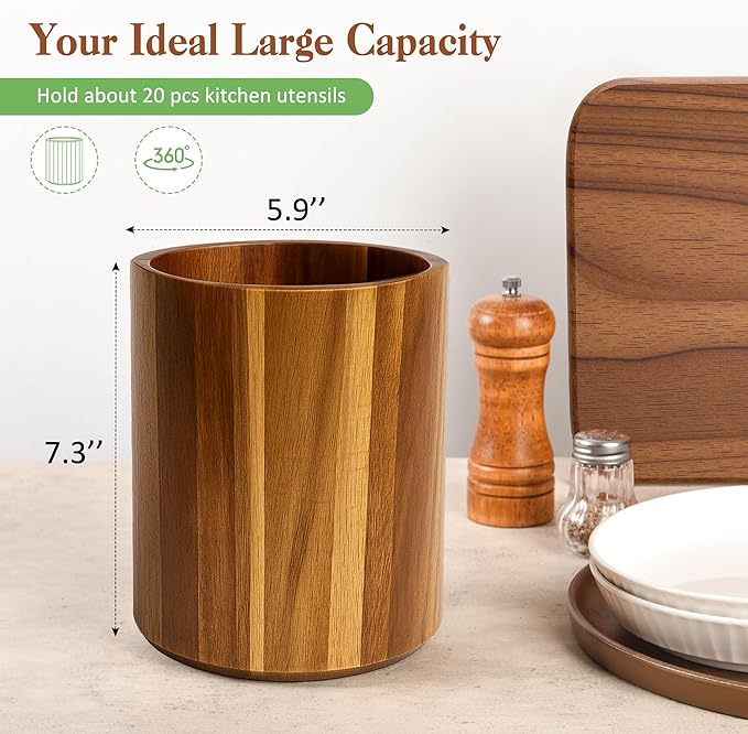 Acacia Wood Utensil Holder with Curved Comfort Base - 360° Rotating 7.2" Countertop Organizer, Utensil Crock for Kitchen Counter & Farmhouse Decor