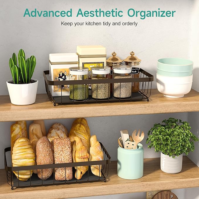 2 Tier Large Fruit Basket for Kitchen Counter with 2 Mobile Banana Hangers, 2026 Pro Detachable Metal Fruit Bowl with Wooden Handle (Brown, 2 Tier Extra Large)