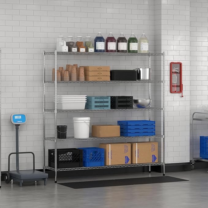 Commercial NSF Listed Chrome Stationary Wire Shelving Kit 18" x 72" x 74", with 5 Shelves Perfect for Warehouse, Walk-in Refrigerator, Freezer, Grocery Store, Restaurant, Dishroom