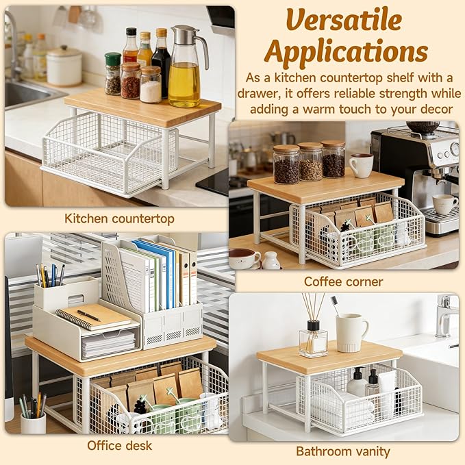 Kitchen Countertop Organizer with Drawer and Wire Basket, 2-Tier Hardwood Shelf for Microwave, Coffee Maker—Sliding Drawer for Fruit Storage, Space-Saving Kitchen Pantry Organizer with Counter Shelf