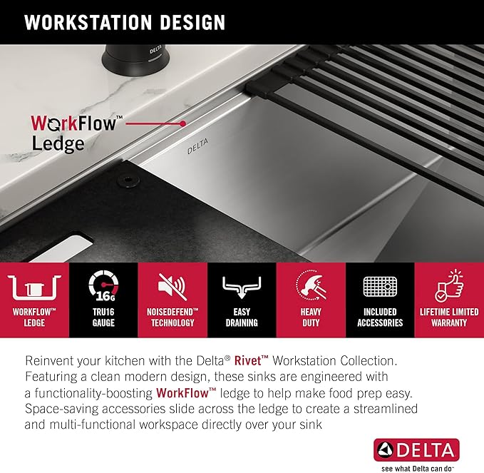 DELTA FAUCET Rivet 30-Inch Workstation Kitchen Sink Undermount 16 Gauge Stainless Steel Single Bowl with WorkFlow Ledge and Chef’s Kit of 6 Accessories, 95B931-30S-SS