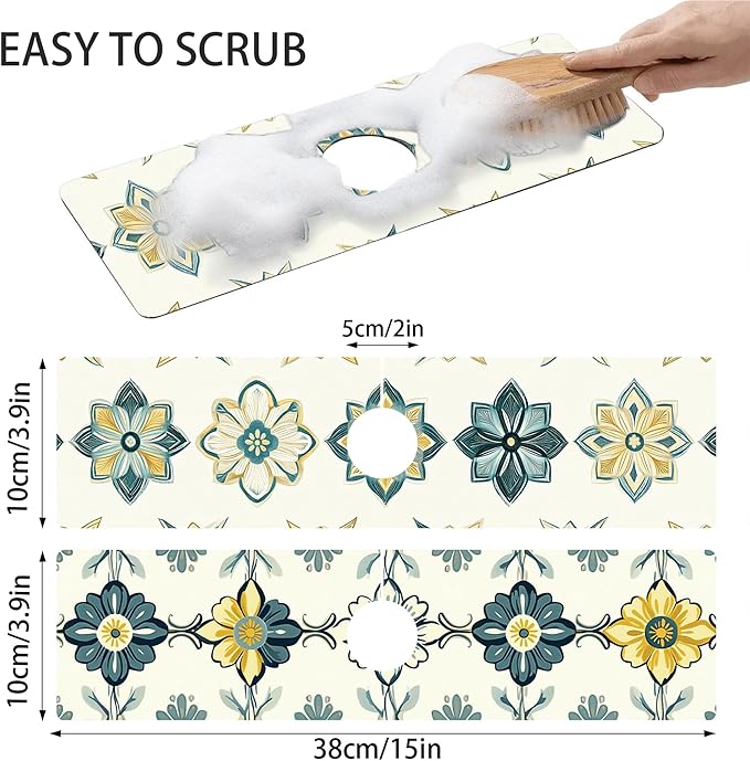 Bimkole 2 PCS Faucet Absorbent Mat, Kitchen Faucet Sink Splash Guard Wraparound Cloth Pads Drip Catcher for Sink Faucet for Kitchen Bathroom Faucet, Colorful Faucet Mat, 15 x 4 Inch Flower A2