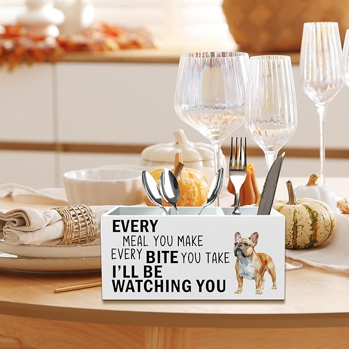 French Bulldog Dog Kitchen Utensil Holder for Countertop, Dog Decorative Lover Gifts, Funny Every Meal You Make Every Bite You Take Wooden Utensil Holder Organizer for Kitchen Table Decor