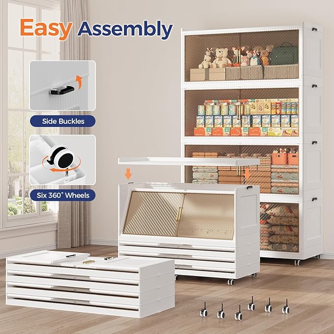 QAVABIN 320GAL Extra Large Storage Bins with Lid, 1280QT Collapsible Organizer with Wheels, Stackable Closet Cabinet with Doors, Folding Storage Containers for Home, Office, Kitchen, 3Pack White