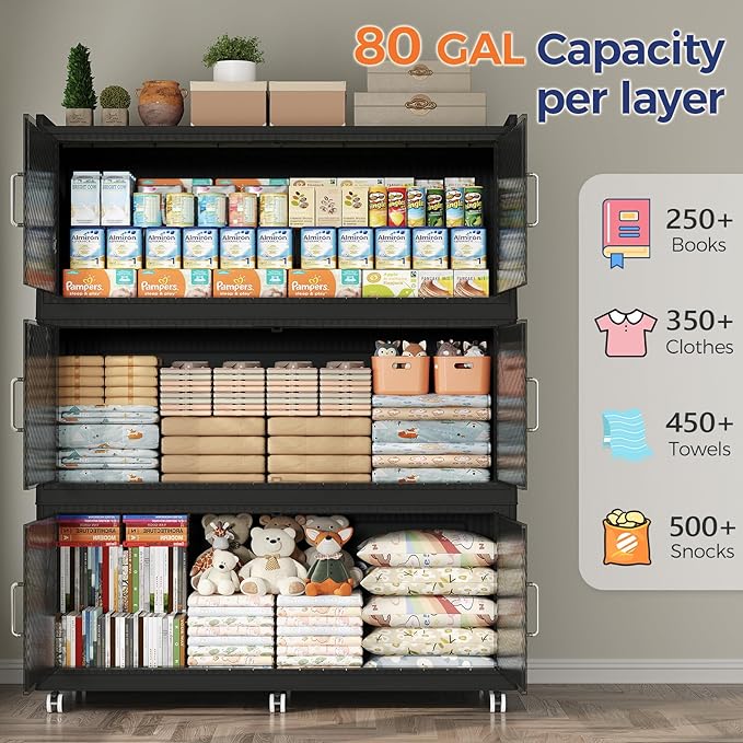 QAVABIN 240GAL Extra Large Storage Bins with Lid, 960QT Collapsible Organizer with Wheels, Stackable Closet Cabinet with Doors, Folding Storage Containers for Home, Office, Kitchen, 3Pack Black