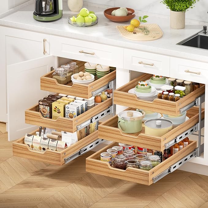 ROOMTEC 3 Tier Pull Out Cabinet Organizer, Heavy-Duty Pull Out Drawer, Slide Out Wood Shelf for Cabinets, Base Cabinet Organization for Pantry, Bathroom (15½"Wx21 D)