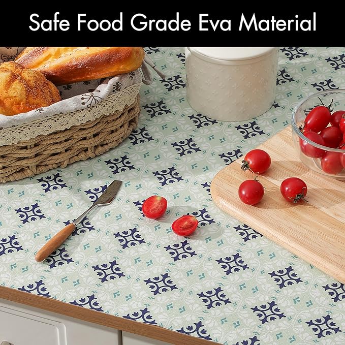 Cooyes Shelf and Drawer Liners for Kitchen Cabinets, Non-Adhesive Cabinet Liners, EVA Waterproof Durable Shelf Paper for Refrigerator, Shelves, Cupboard with European Pattern, Easy to Cut