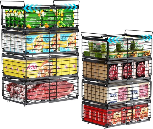 iSPECLE 8 Pack Freezer Organizer Bins, Adjustable Wire Baskets for 10 to 20 Cu.Ft Chest Freezer, Stackable Storage with Handles, Deep Freeze Organizer for Meat & Vegetables, Black