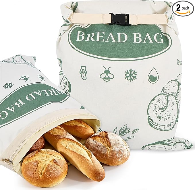 2 Pack Zippered Beeswax Bread Bags - 17×13 Inch Large Reusable Cotton Lined Bags Freezer Safe for Bread, Sourdough & Baguette Kitchen Baking Supplies
