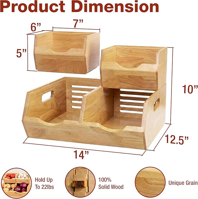 HOMESTEAD Wood Pantry Organizers Bins – Stackable Storage, Rustic Pantry Potato and Onion Storage with Unique Natural Grain, Wooden Basket with Handles, Set of 3 Pieces