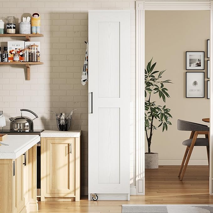 IRONCK Narrow Kitchen Pantry Storage Cabinet, 72" Slim Single Door with 6 Adjustable Shelves, Door Rack and Wheels, Space Saving Freestanding Storage Floor Cabinet for Small Place, White