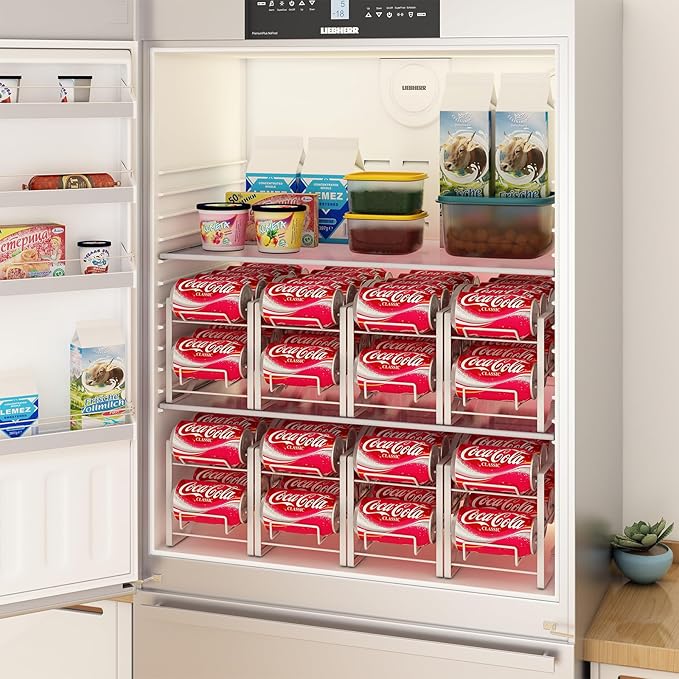GILLAS 2 Pack Soda Can Organizer Rack for Pantry, Stackable Beverage Soda Can Storage Dispenser Holder for Refrigerator, Cabinet, White