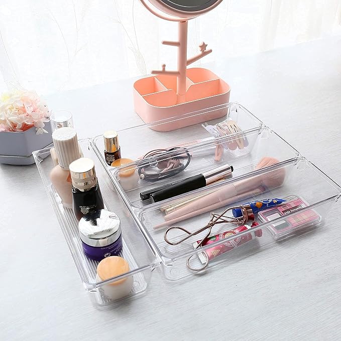 LotFancy 8 Pack Clear Plastic Drawer Organizers, Food Grade Storage Trays, Non-Slip Storage Bins for Kitchen Utensil, Silverware Cutlery, Bathroom, Office Desk, Makeup, Jewelry, 9.2''×3''×2''