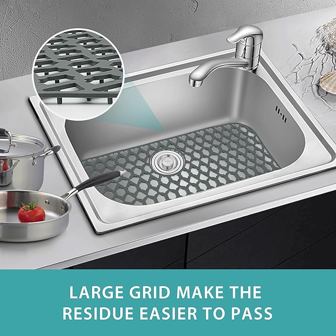 SAMSIER Sink Protectors for Kitchen Sink, Kitchen Sink Accessory - Silicone Mats Grid for Stainless Steel Strainer Bottom of Farmhouse Porcelain sinks (30”x16”, Rear Drain)